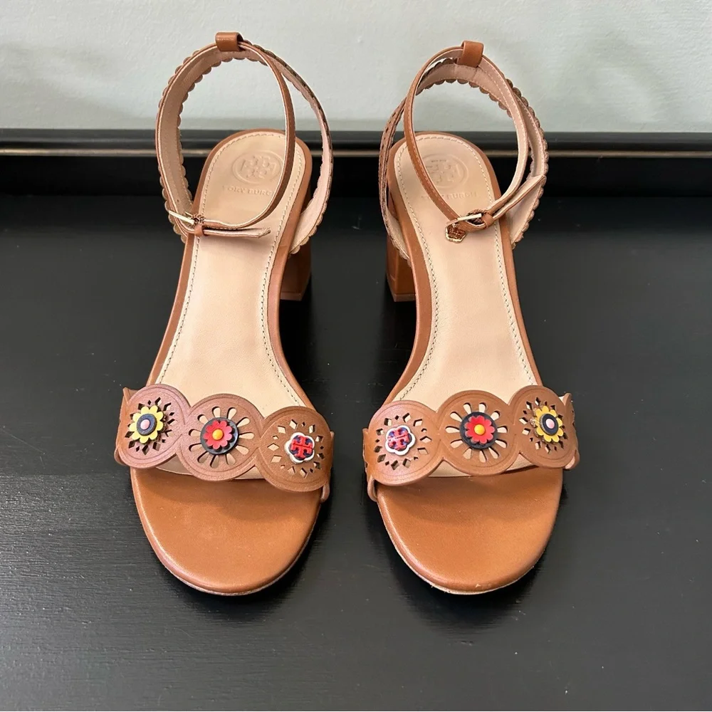 Tory Burch Marguerite Tan Leather Floral Perforated Block Heel Sandals, Size 8M